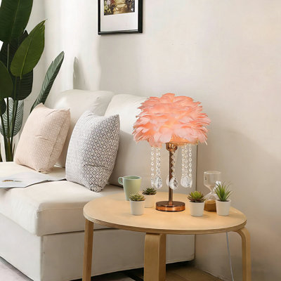Lampe de table décorative en plumes avec base dorée, ampoule 3 couleurs et interrupteur à bouton