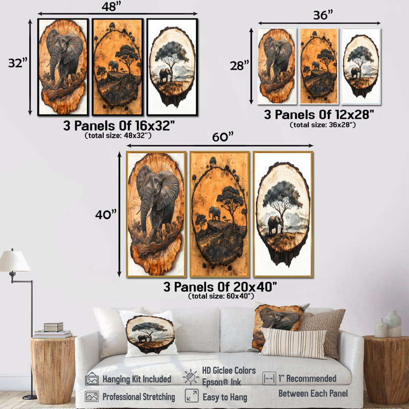 Éléphant sous le baobab glissoire en bois I - Collection de décorations murales éléphant jaune, H 32 po x l 48 po