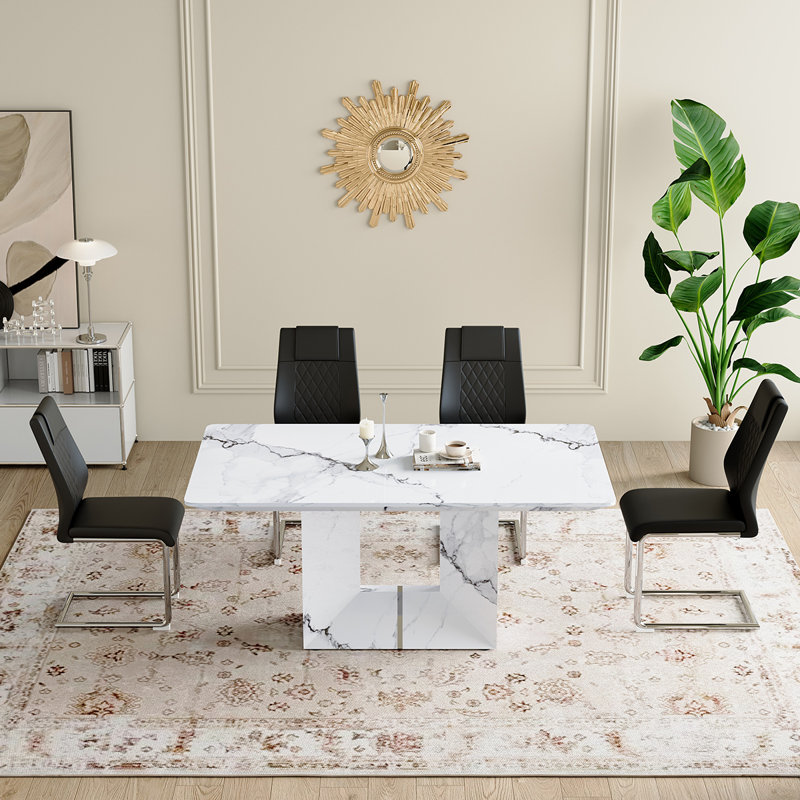 Ensemble de table de salle à manger 5 pièces, Blanc, Noir / argent