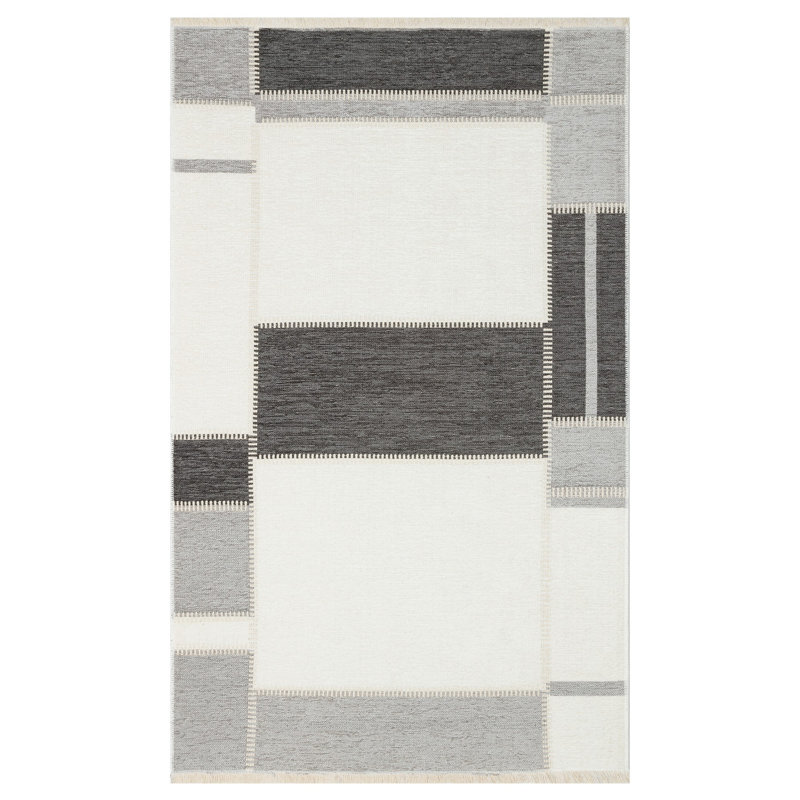 Tapis de couloir gris / crème en polyester tissé à plat 2 pi 6 po x 9 pi 10 po Chrysanthe, Rectangle 3 pi 9 po x 5 pi 11 po