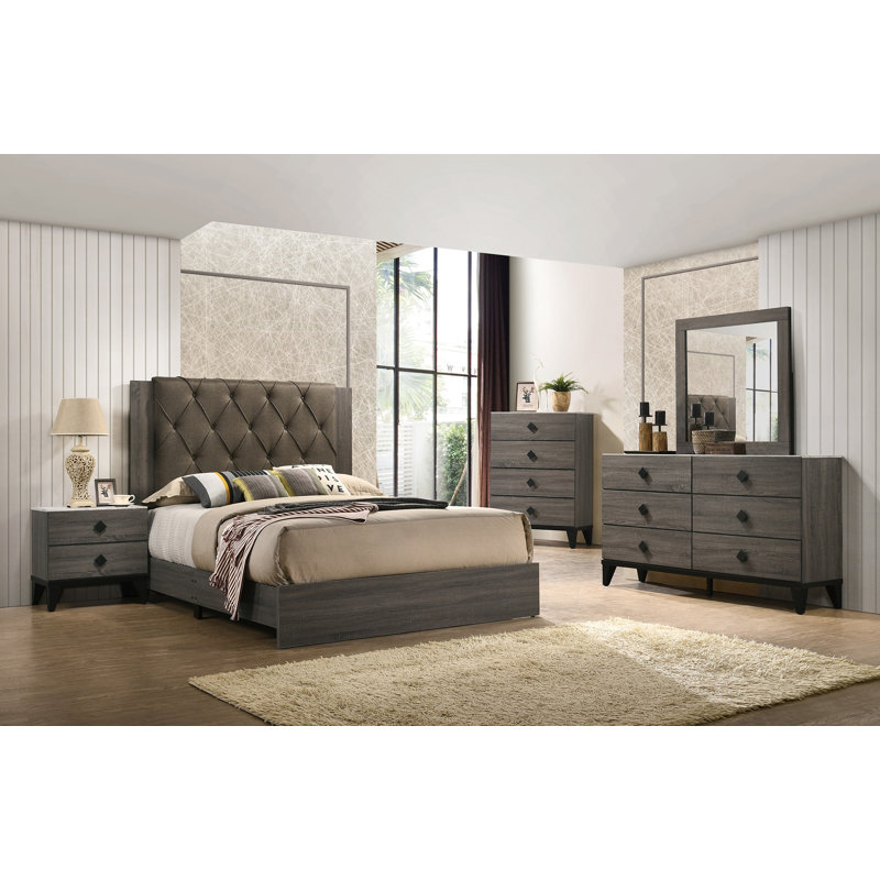 Modern Tufted Queen Bed Frame with Rubberwood Headboard in Gray