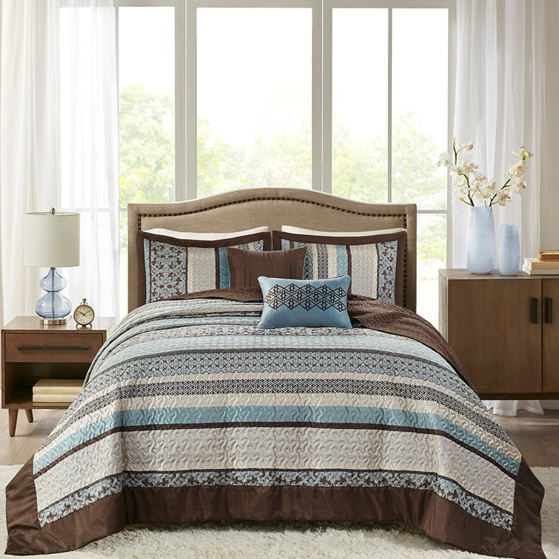 Couvre-lit réversible très grand bleu avec motif de médaillon délicat 5 pièces, Blue, King Comforter + 4 Additional Pieces