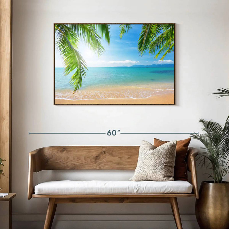 Cocotiers et plage, Cadre flottant en noyer, 43 po x 29 po