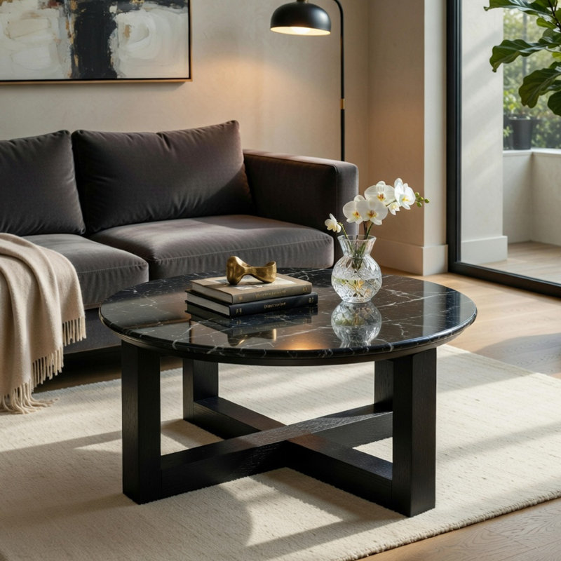 Table basse Kia, plateau rond en marbre et base en bois à trois pieds, noir 32 po, H 16 po x L 32 po x l 32 po