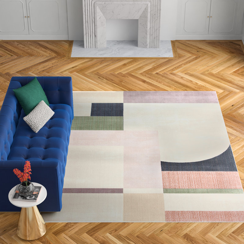 Tapis géométrique beige / rose / bleu foncé Anais, Rectangle 8 pi x 10 pi