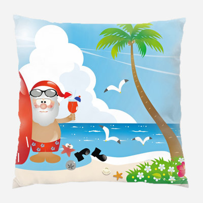  Santa Claus At Beach Indoor/Outdoor Canvas Throw Pillow