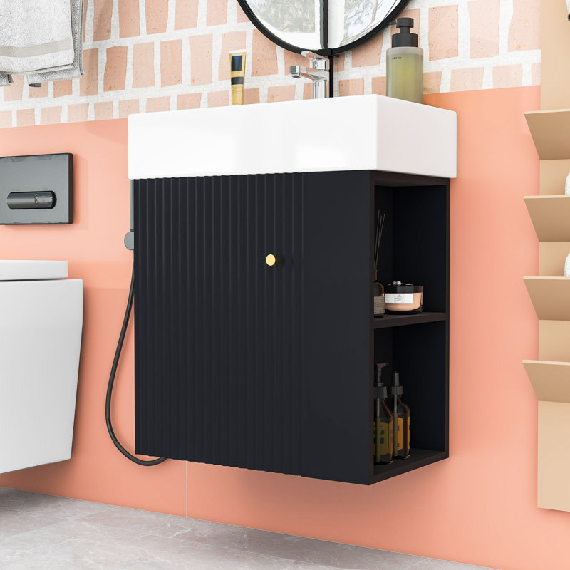 Meuble-lavabo de salle de bain avec lavabo en céramique, Noir, noir, noir, noir