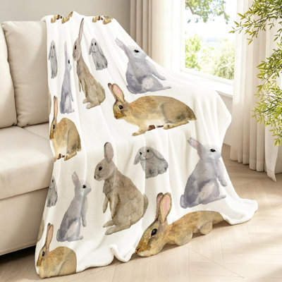 Jeté en molleton blanc ultra doux en flanelle, aquarelle avec imprimé lapin