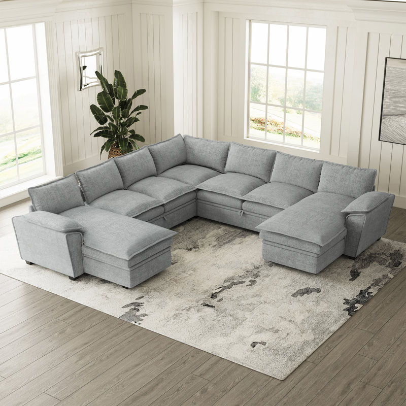 Luna Large Chenille U-Shaped Sofa Convertible Sectional King Pull Out Bed Sleeper Livingroom Apartment Storage Seat Corner Couch