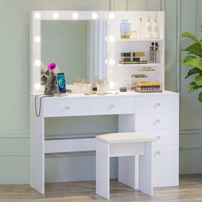 White Vanity Desk with Lighted Mirror and Charging Station, Makeup Vanity Table with 6 Drawers & Storage Shelves, Vanity Set with Stool for Bedroom