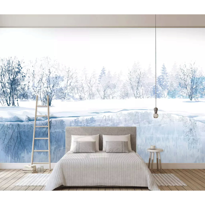 Lac, paysage d'hiver, peinture à l'aquarelle, papier peint amovible, L 35,04 po x l 55 po