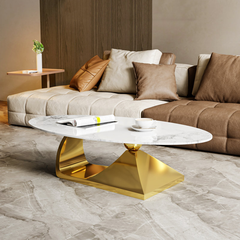 Modern Oval Coffee Table for Living Room with Sculptural Gold Stainless Steel Base (51.2'' x 27.6'' x 16.5'' LWH)