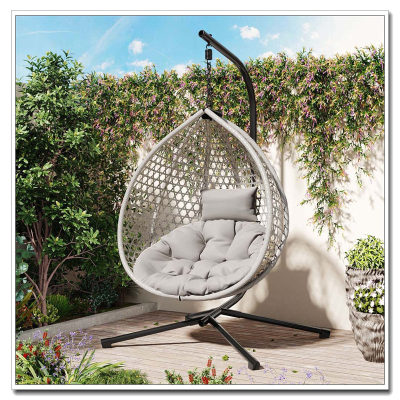 Hanging Egg Chair with Stand: Sturdy Iron Frame, PE Rattan, Foldable & Removable Cushion, Gray, Gray
