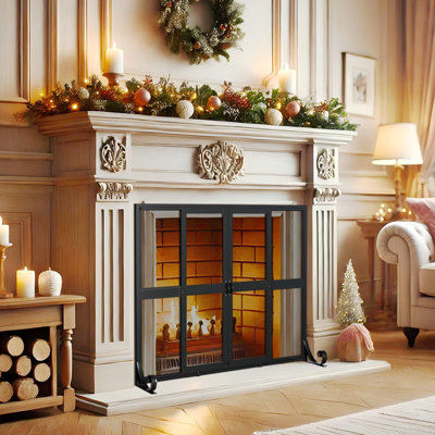 Fireplace Screen With Sliding Doors, 37.8" W X 30.7" H Handcrafted Wrought Iron Fire Spark Guard Fire Place Gate Protector For Living Room, Children And Pet Safety(Large)