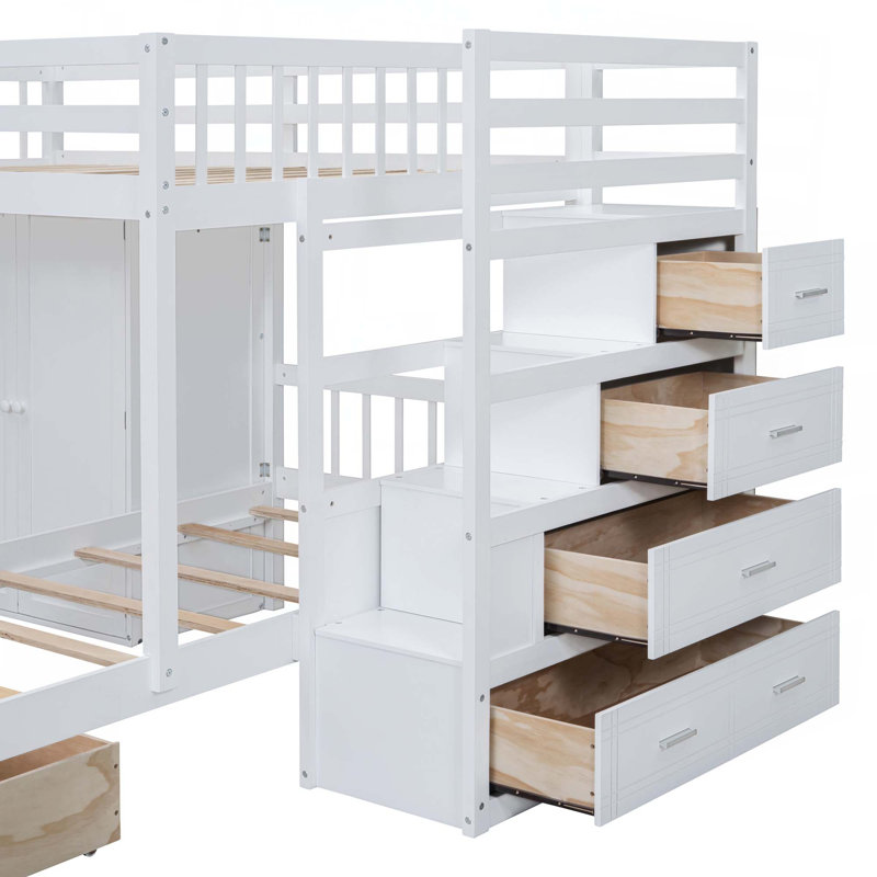 Lit superposé double au-dessus de simple avec bureau, tiroirs et tablettes, Blanc