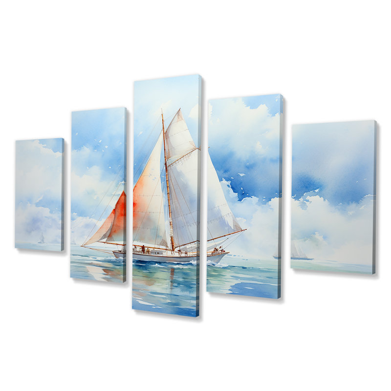 «Coastal Serenity», aquarelle, voilier à l'horizon I - bateau à voile, art mural multi-panneaux