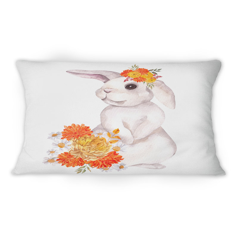 Mignon lapin et fleurs et feuilles d'automne II - Coussin décoratif traditionnel imprimé 1