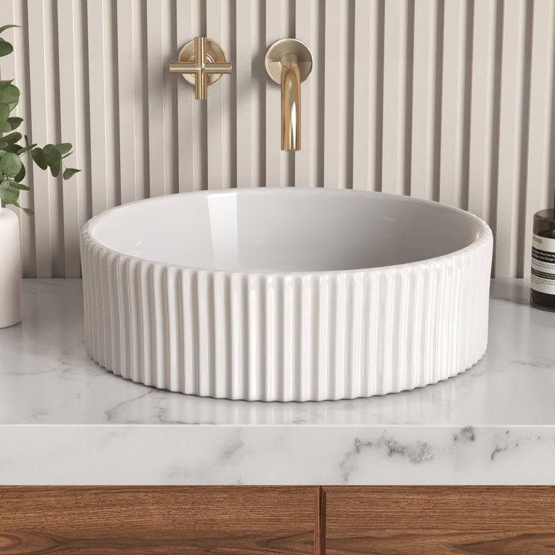 White Ribbed Ceramic Round Above-Counter Vessel Sink
