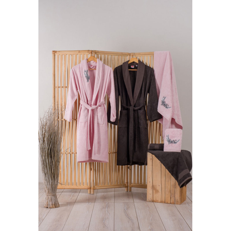 Ensemble de salle de bain luxueux, 40% bambou / 60% coton, brodé | Peignoir pour femme (S / M), peignoir pour homme (M / L), 2 serviettes à main (19,7 x 35,4 po), 2 serviettes de bain (35,4 x 59,1 po) | Doux, durable, lavable à la machine, rose et anthracite