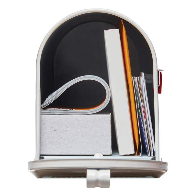 White Medium Steel Post-Mount Mailbox with Red Flag