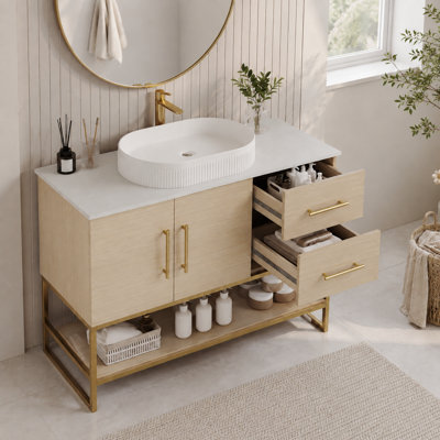 Meuble-lavabo sur pied de 91 cm (36 po) avec lavabo en céramique, cadre doré, 2 tiroirs, placard et tablette ouverte