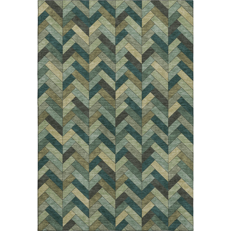 Premium Machine Washable Mayfield AMF2296 Geometric Rug, Green, 9' x 12'
