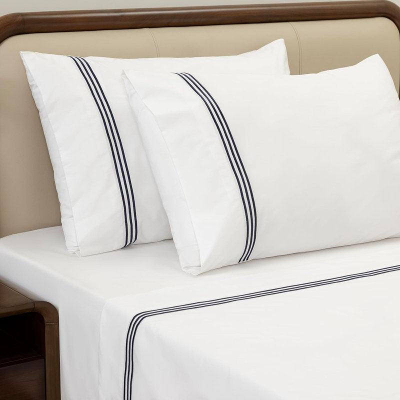Dreamology 100% Cotton Percale Embroidered Sheets Set, Full Size, Cool, Soft, Breathable & Crisp Bedsheet & Pillowcase with Deep Pocket Up to 16 Inches (Blue)