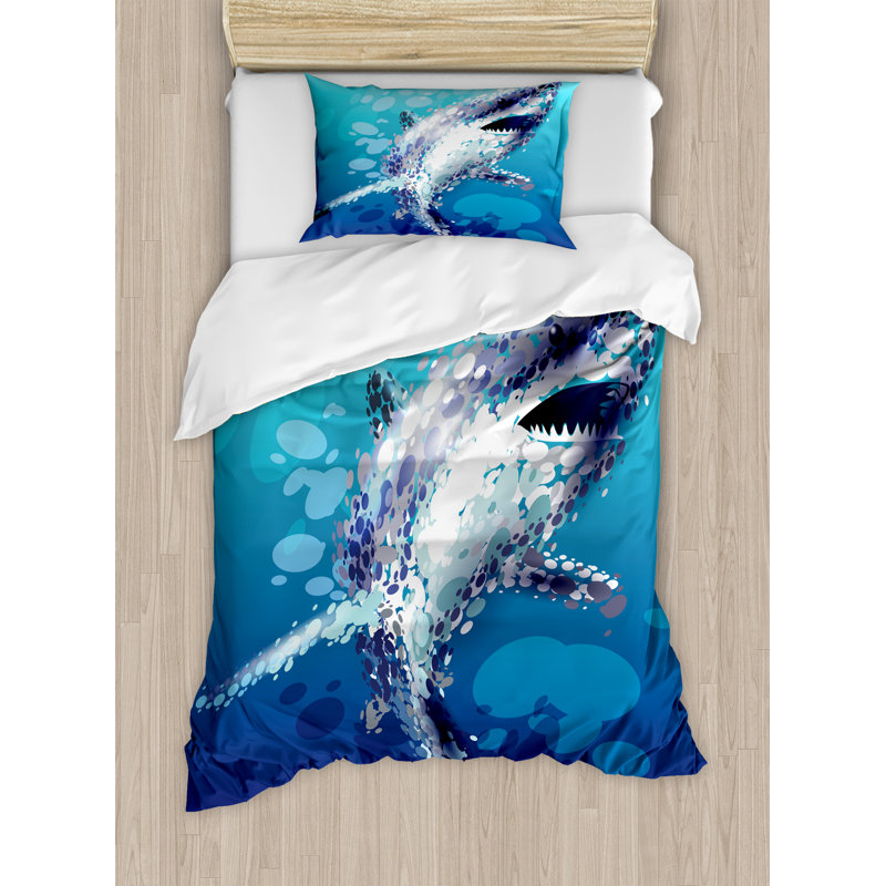 Twin Blue and White Shark Microfiber Duvet Cover Set
