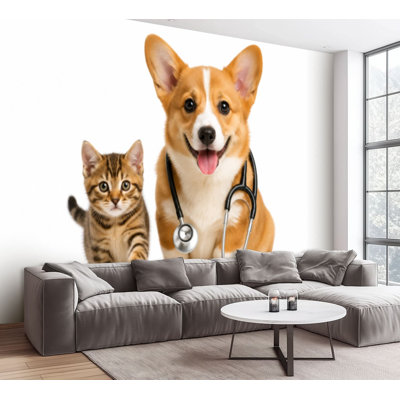 Wall Mural Peel and Stick Wallpaper Dog cat together Doctor Medical Happiness Self-Adhesive Removable Contact Paper Wall Decor for Living Room Bedroom 100"H x 144"W
