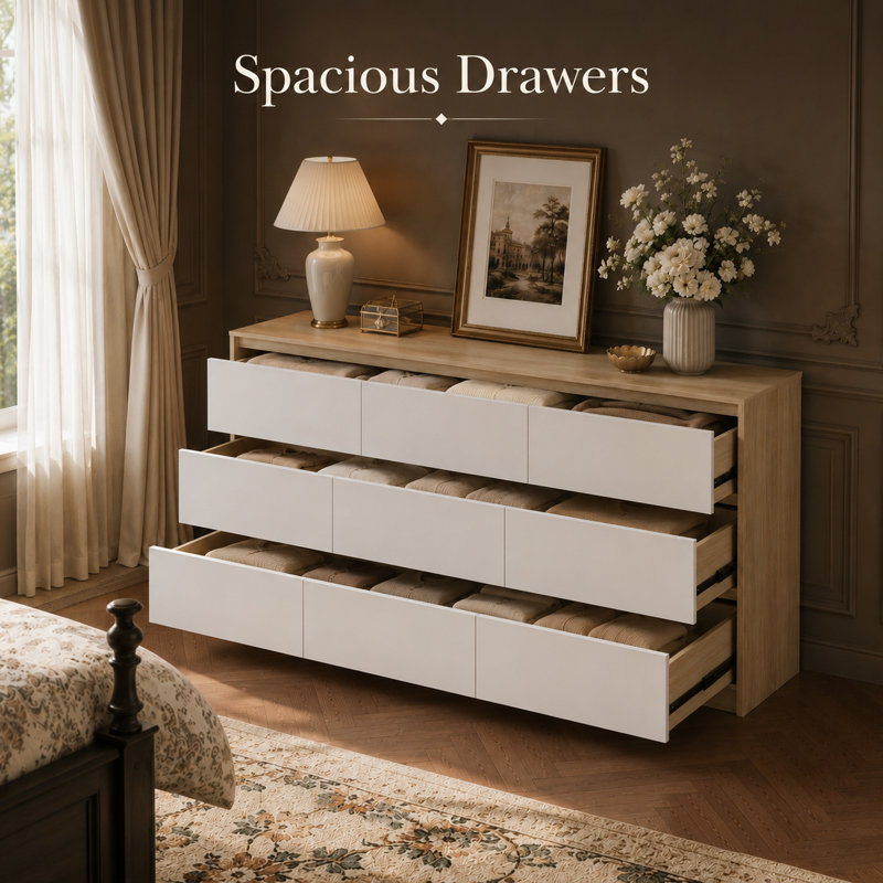 65-Inch 9-Drawer Dresser, Modern Wide Bedroom Storage Chest, White/Wood