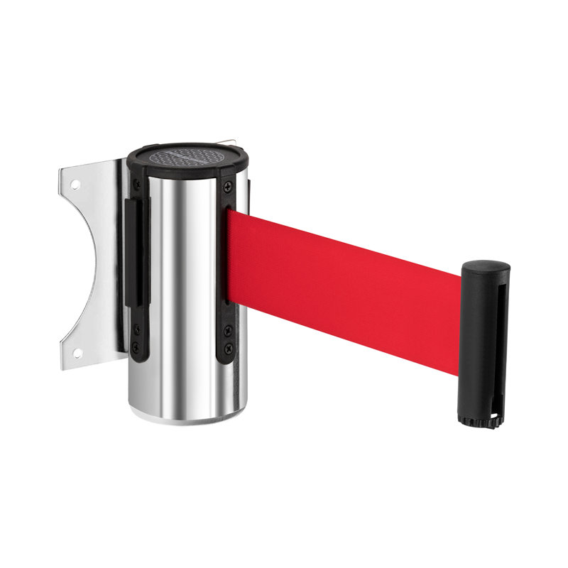 Retractable Wall Mount Caution Belt - 9.2 Ft. Chrome Body Red Belt