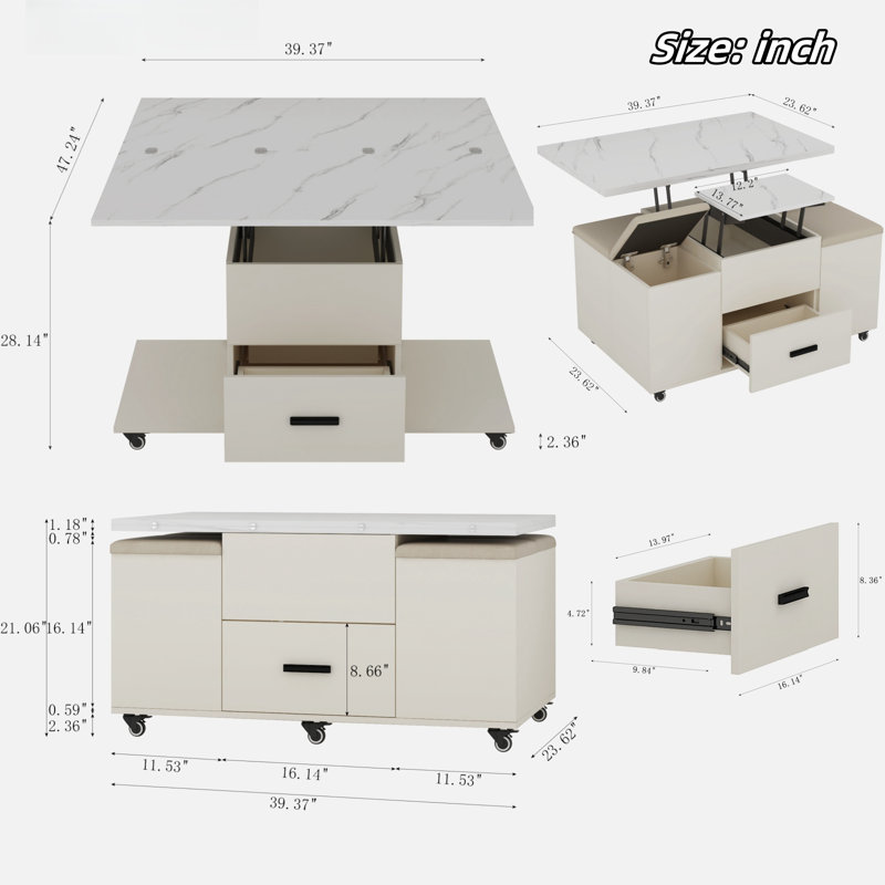 Modern Lift-up Folding Coffee Table With 4 Stools, 2 Drawers And Hidden Storage Space 