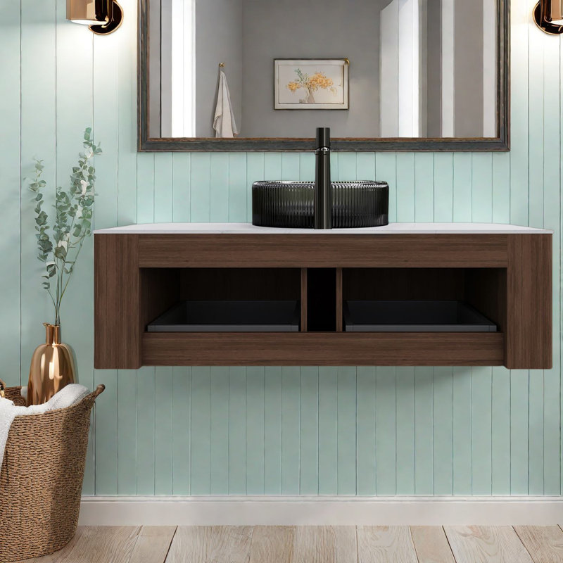 Meuble-lavabo moderne de 48 po avec rangement, bois de noyer foncé, style contemporain pour salle de bain
