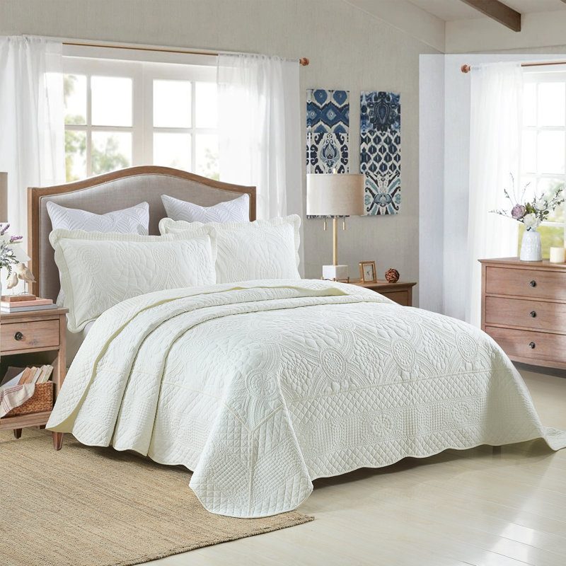White Queen Cotton Embroidered Reversible Quilt Set