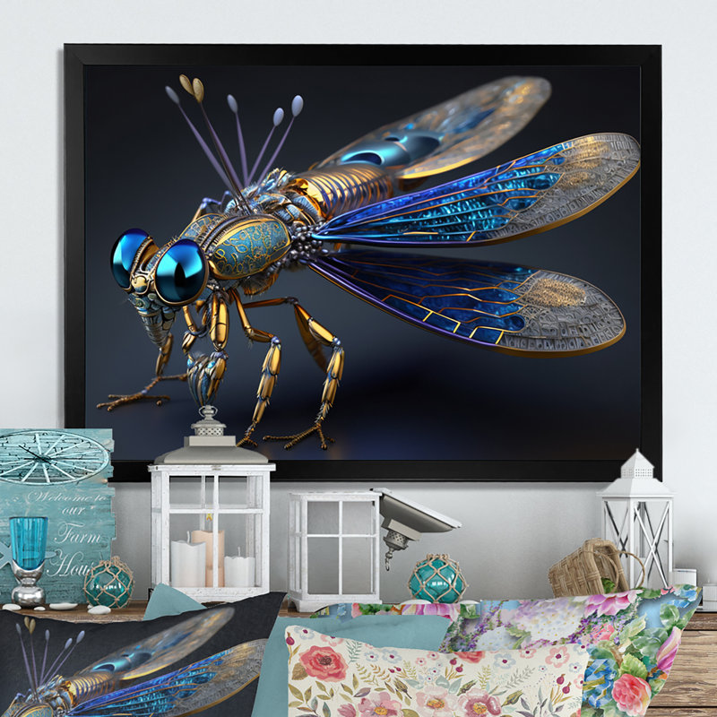 Deshante - Libellule cybernétique en bleu et or I - reproduction sur toile, L 32 po x H 24 po