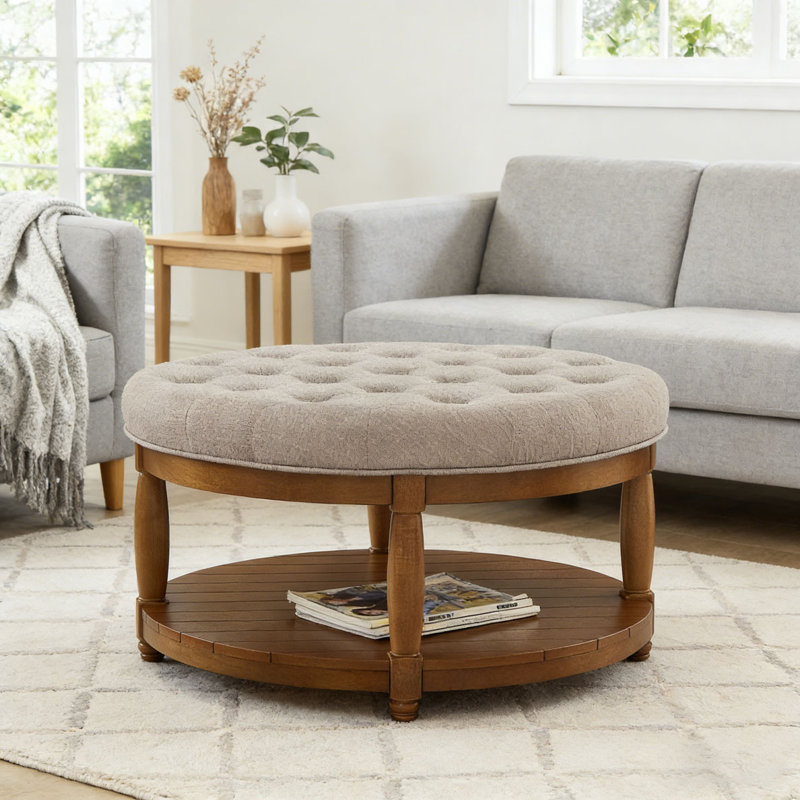 Upholstered Tufted Linen Ottoman Coffee Table, Round, Linen