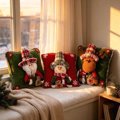 Housses de coussin en lin de Noël, housses de coussin carrées de 16,14 pouces avec motifs de bonhomme de neige et de rennes, housses décoratives festives pour canapé, canapé et chambre à coucher