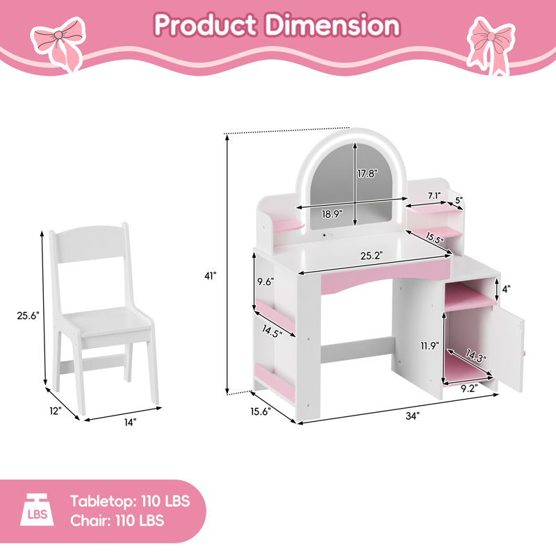 2 in 1 Kids Vanity Set With Mirror And Led Lights, White