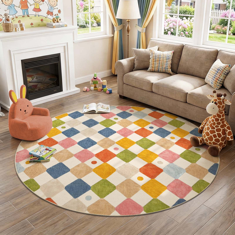 Colorful Diamond for Kids Washable Non-slip Rug, Argyle Circus, Round 7'