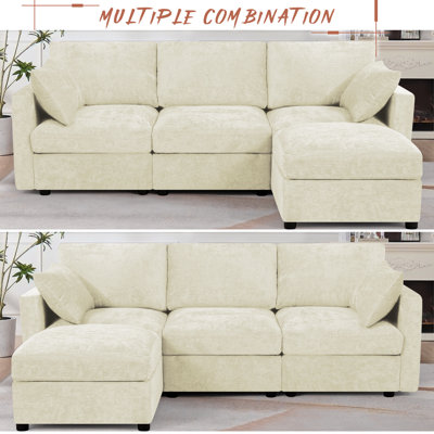 84" Chenille Sectional Sofa With Reversible Ottoman, Modern Couch With Upholstered Cushion, Comfy 3-Seat Sofa For Living Room, Office