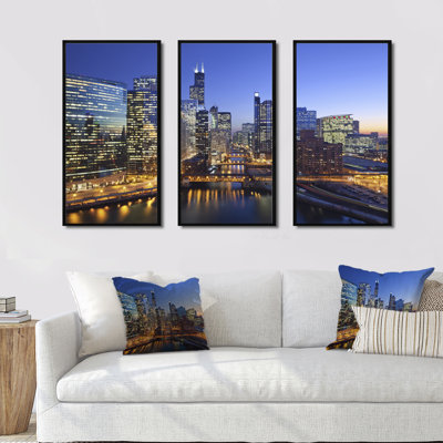 Chicago River with Bridges at Sunset - 3 pièces, cadre photo flottant sur toile