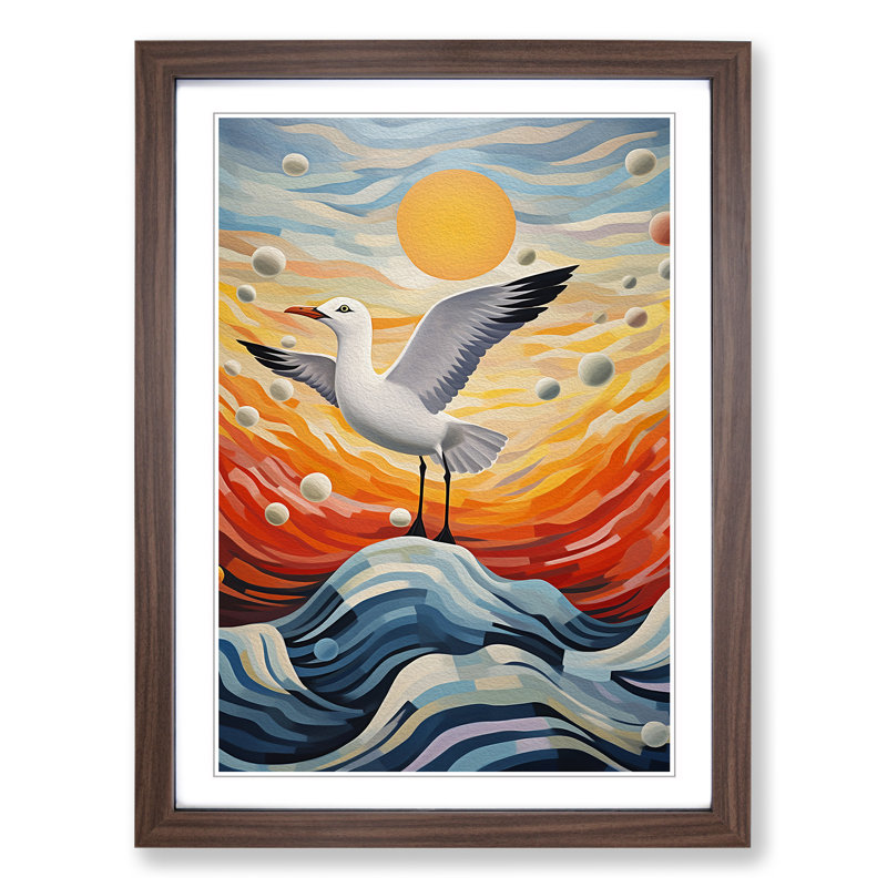 Seagull Abstract - Single Picture Frame Print on Wood, 64cm H x 46cm W x 2cm D, Walnut