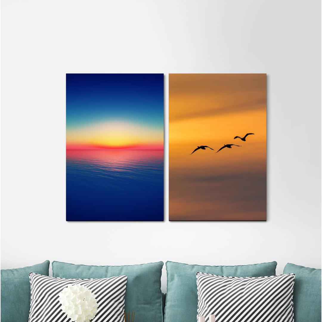 2-tlg. Leinwandbilder-Set - Fotografie „Sea Birds Flying Birds Horizon Sunset Freedom Peace”