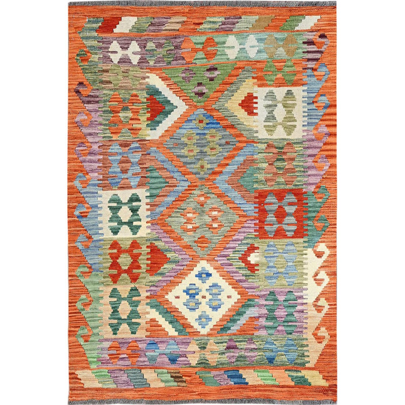 Tapis oriental 3 pi 6 po x 5 pi 2 po orange brûlé, kilim afghan avec motif géométrique coloré, tissage à plat, colorants végétaux, laine pure, tissé à la main, réversible