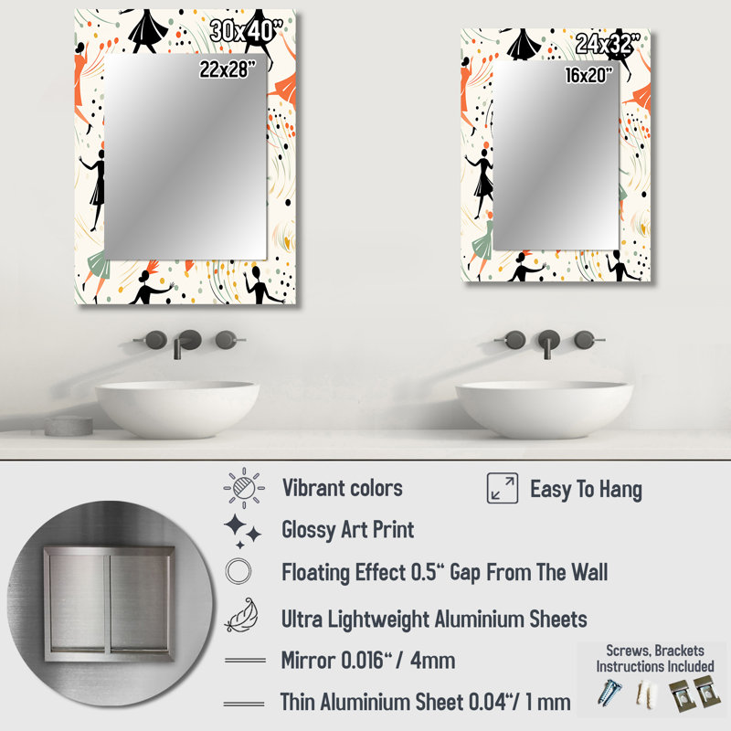 «Mida Century Blue and Orange Poka Dota Dance», miroir mural unique, géométrique, abstrait, imprimé, 32 po x 24 po