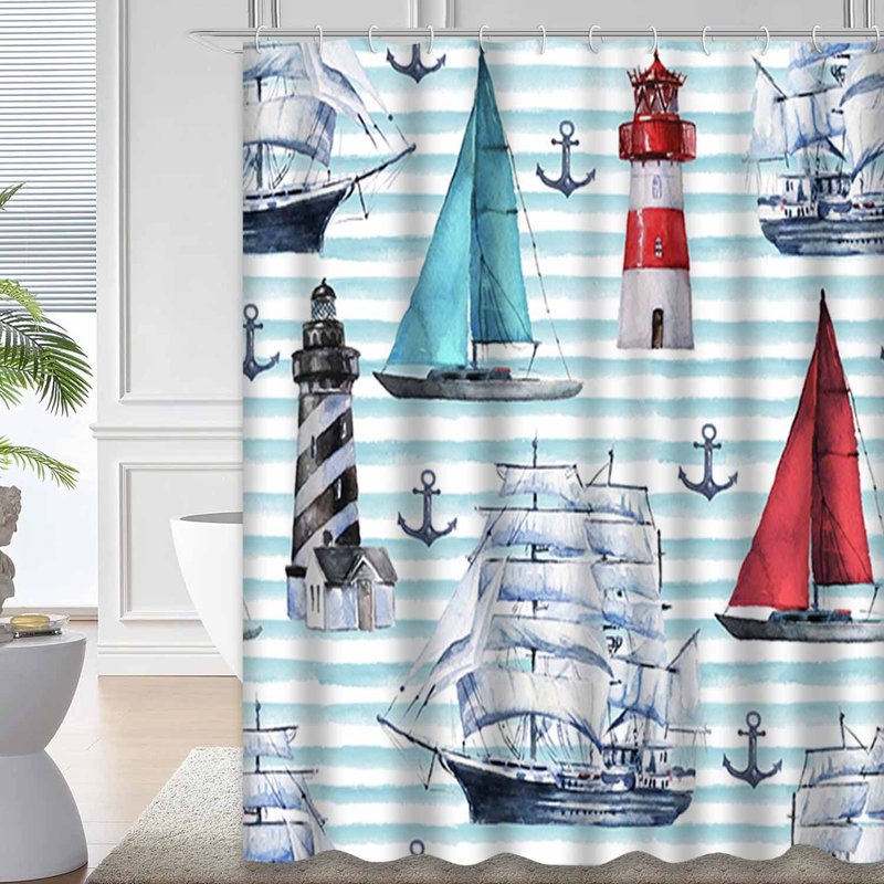 Aquarelle sans soudure, divers voiliers nautiques, ancre, voeux bleus et 12 crochets, L 72 po x l 78 po