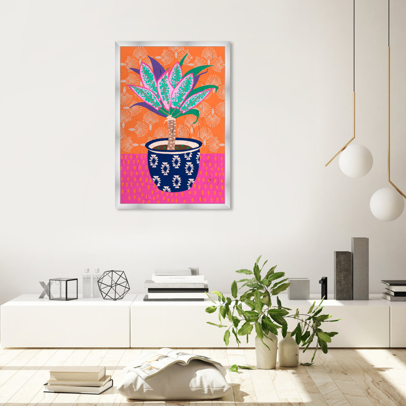 Pot de plantes à motif coloré - peinture sur papier, Papier avec cadre argenté, H 38 po x l 26 po