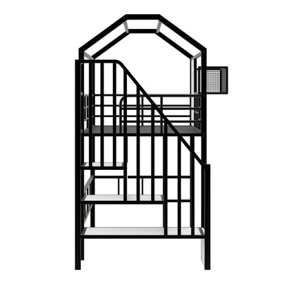 Metal Twin Size Modern Loft Bed With House Shaped Roof Design And External Storage Box, Black
