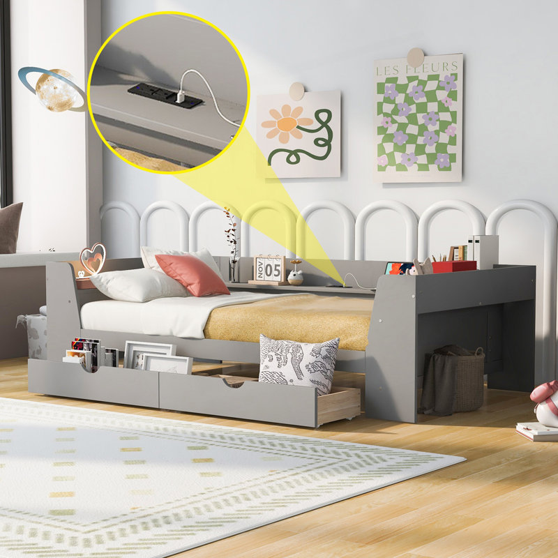 Lit de jour moderne simple avec tablettes, tiroirs et station de charge intégrée, Gris