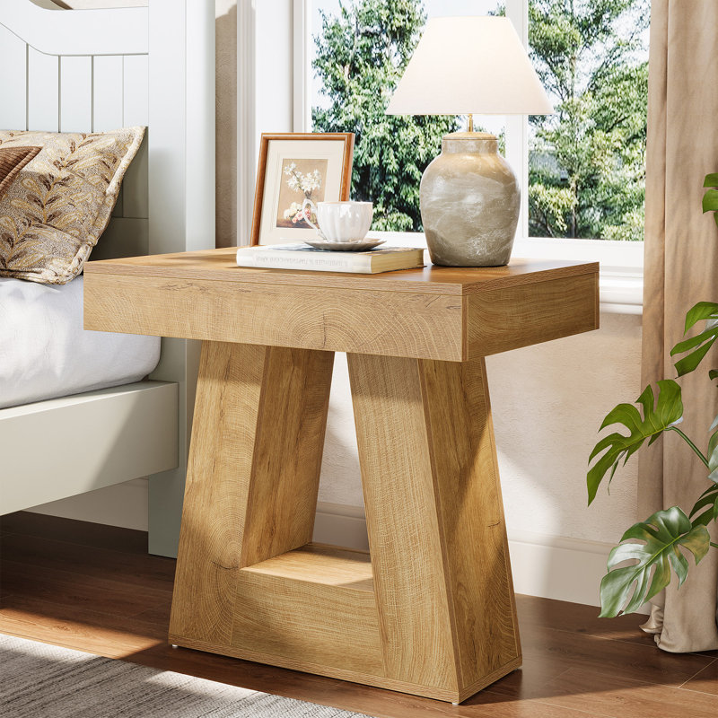 Modern 2-Tier Nightstand With Trapezoid Base, Wood-Grain Finish Bedside Table, Light Brown